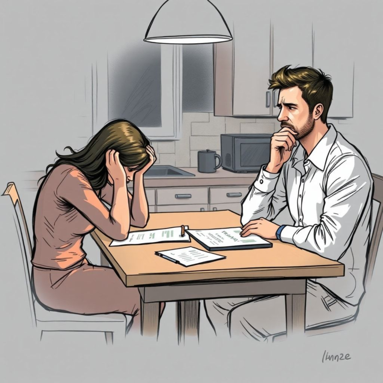 A distressed woman sits at a kitchen table, head in hands, while a worried man (her fiancé) sits opposite her, looking remorseful. Financial documents and a laptop are on the table. The lighting is dim, reflecting a heavy, emotional conversation. The scene conveys tension and sadness, with a focus on their body language and the seriousness of the discussion. Intimate, realistic style, soft focus, dramatic lighting.