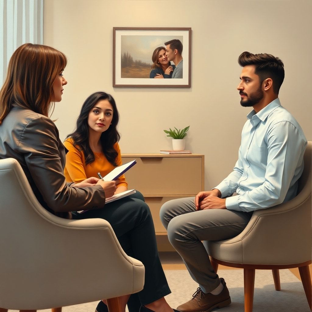 A couple (fiancé and fiancée) sits opposite a relationship therapist in a modern, comforting office setting. The therapist