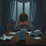 A solitary figure sits hunched over at a dimly lit kitchen table, head in hands, surrounded by crumpled papers and an untouched cup of coffee. The mood is heavy with despair and exhaustion, early morning light barely piercing through the window, emphasizing the feeling of isolation and the weight of a secret burden. Cinematic, realistic, high detail.