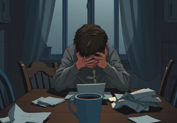 A solitary figure sits hunched over at a dimly lit kitchen table, head in hands, surrounded by crumpled papers and an untouched cup of coffee. The mood is heavy with despair and exhaustion, early morning light barely piercing through the window, emphasizing the feeling of isolation and the weight of a secret burden. Cinematic, realistic, high detail.