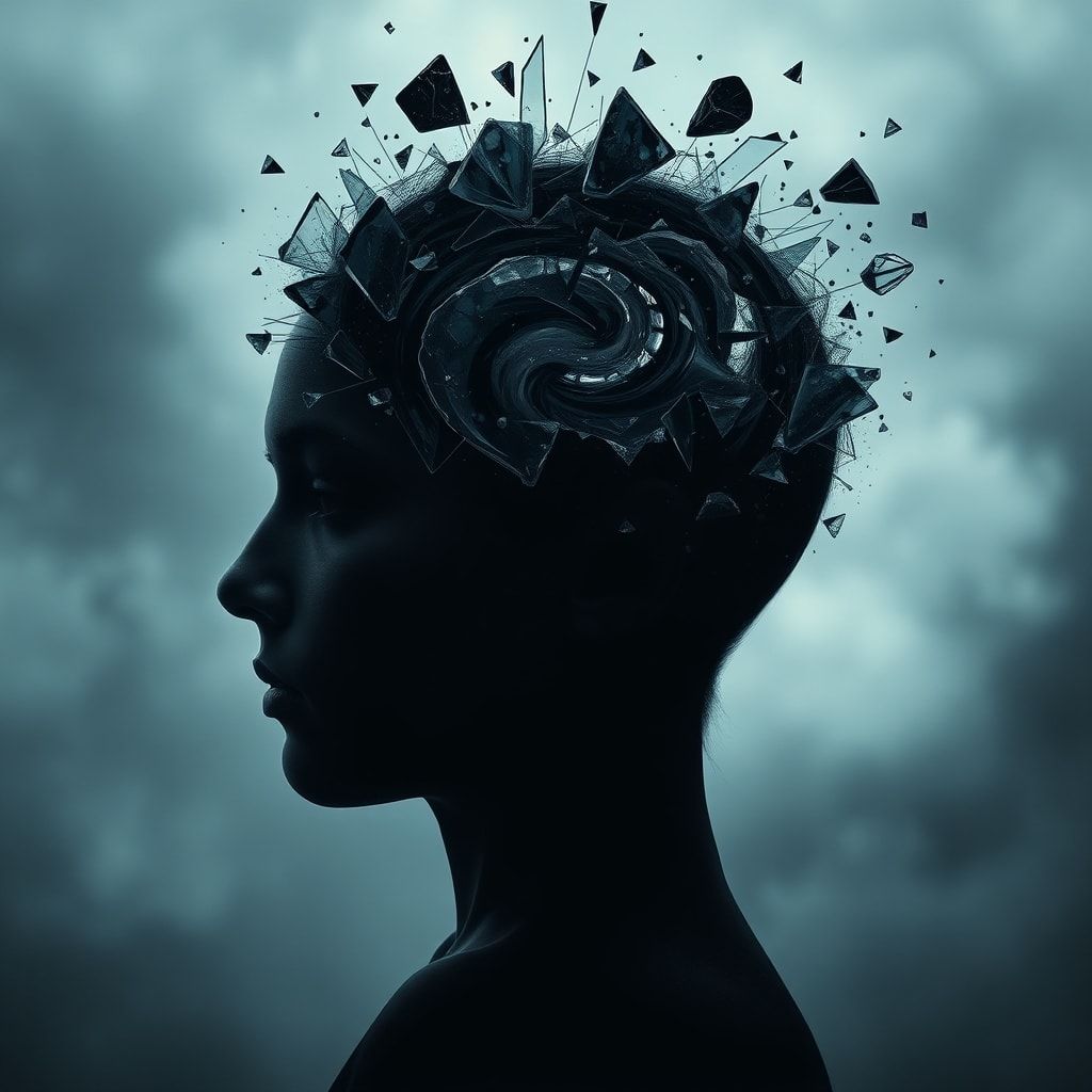 confession - A person's head shown in profile, with abstract, swirling patterns of dark energy and shattered glass fragments