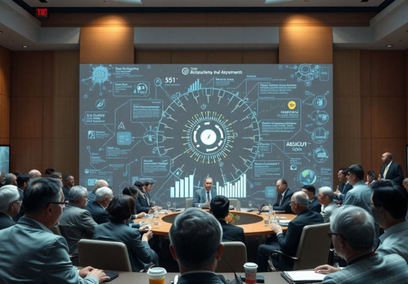 A diverse group of global leaders, scientists, and policymakers in a modern, brightly lit conference hall, engaged in intense discussion around a large holographic display showing AI algorithms and data. The atmosphere is serious and collaborative, with a sense of urgency. Cinematic lighting, ultra realistic, highly detailed, 8k quality, photorealistic, global summit