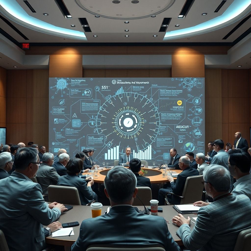 A diverse group of global leaders, scientists, and policymakers in a modern, brightly lit conference hall, engaged in intense discussion around a large holographic display showing AI algorithms and data. The atmosphere is serious and collaborative, with a sense of urgency. Cinematic lighting, ultra realistic, highly detailed, 8k quality, photorealistic, global summit