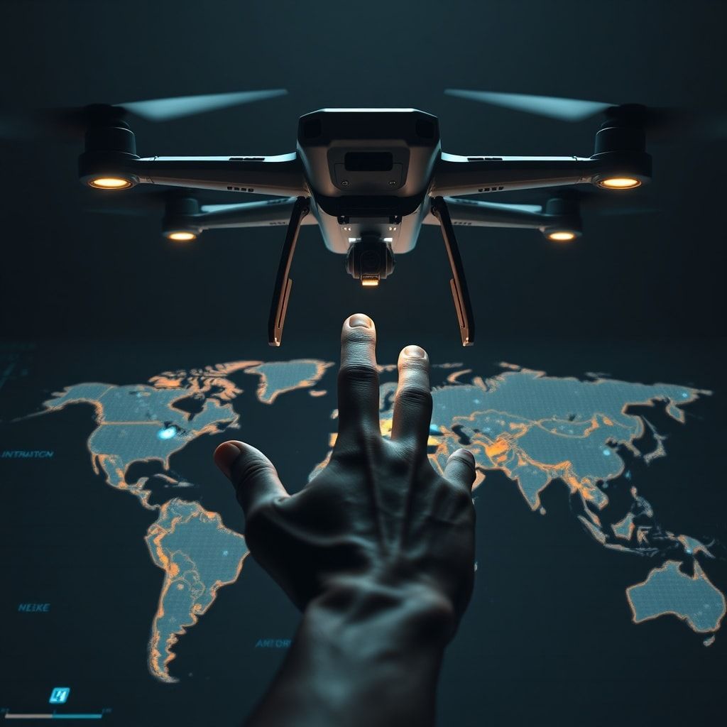 Conceptual image of a futuristic drone with subtle glowing lines hovering over a digital map of the world, symbolizing autono