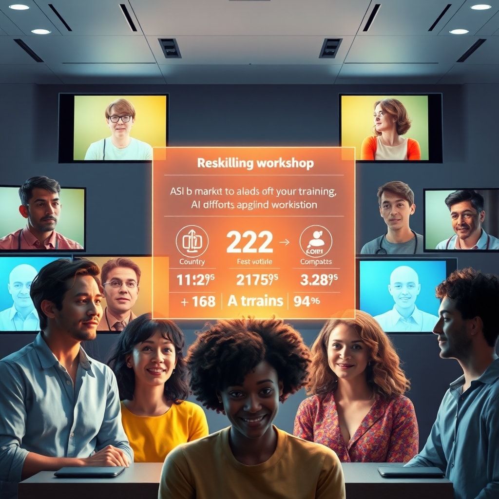 A diverse group of people from different countries participating in a virtual reskilling workshop, their faces visible on glo