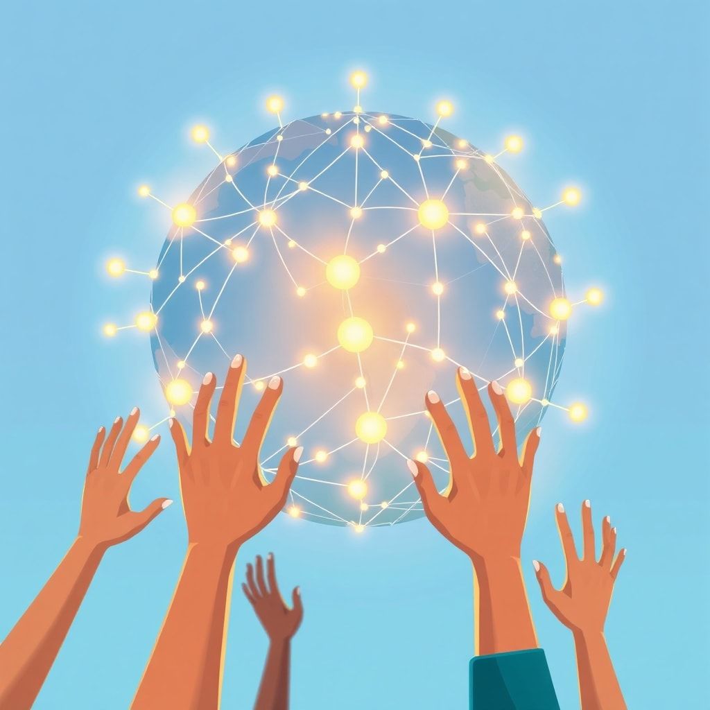 A stylized globe made of interconnected glowing lines and data points, symbolizing global collaboration and a network of AI g