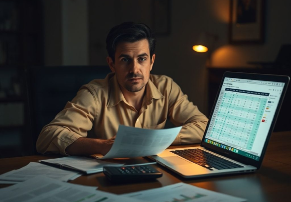 A person sitting at a desk, looking thoughtful, with financial documents spread out, a calculator, and a laptop showing a spreadsheet. The room is dimly lit, suggesting a private, contemplative moment, soft focus, warm lighting, cinematic, highly detailed, photorealistic