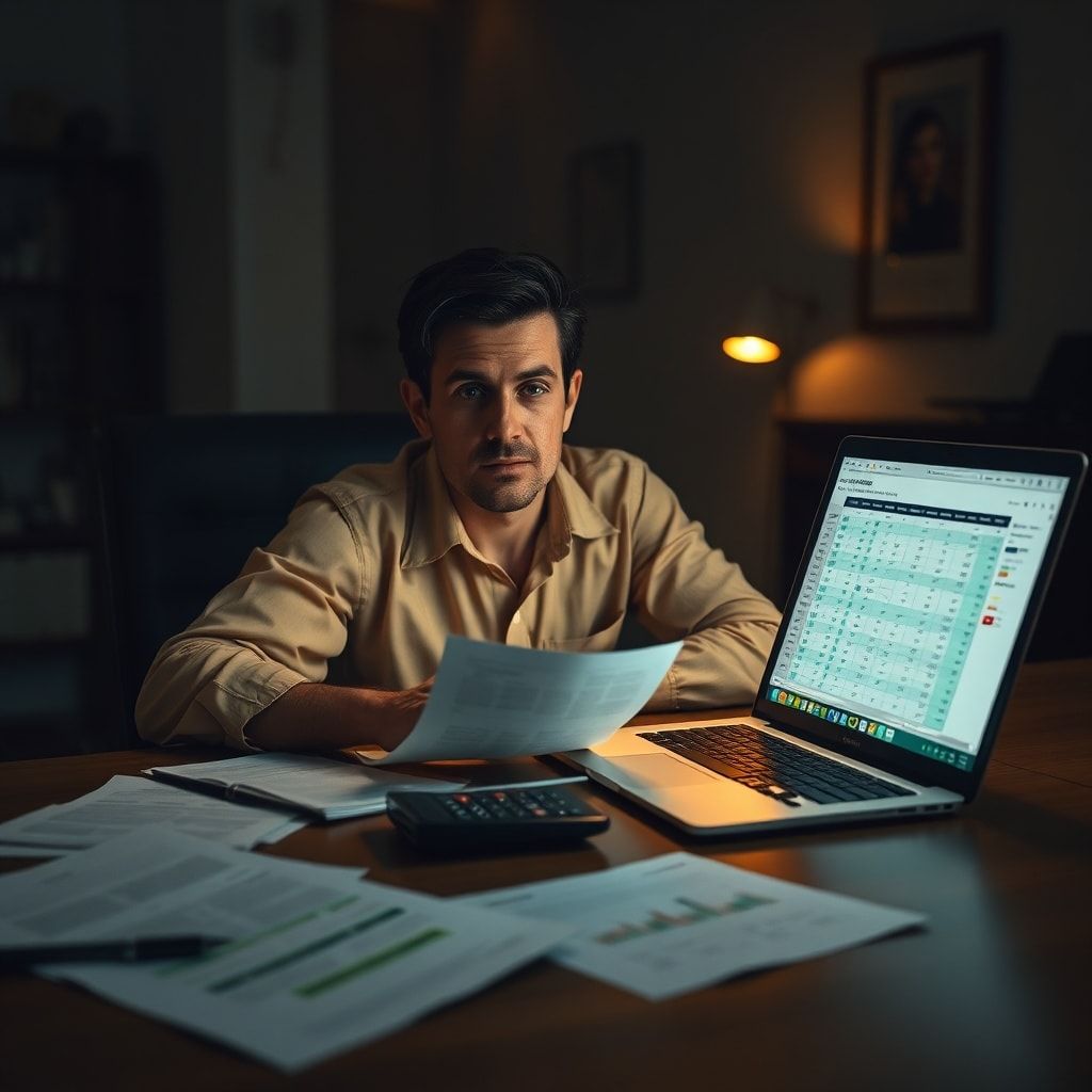 A person sitting at a desk, looking thoughtful, with financial documents spread out, a calculator, and a laptop showing a spreadsheet. The room is dimly lit, suggesting a private, contemplative moment, soft focus, warm lighting, cinematic, highly detailed, photorealistic