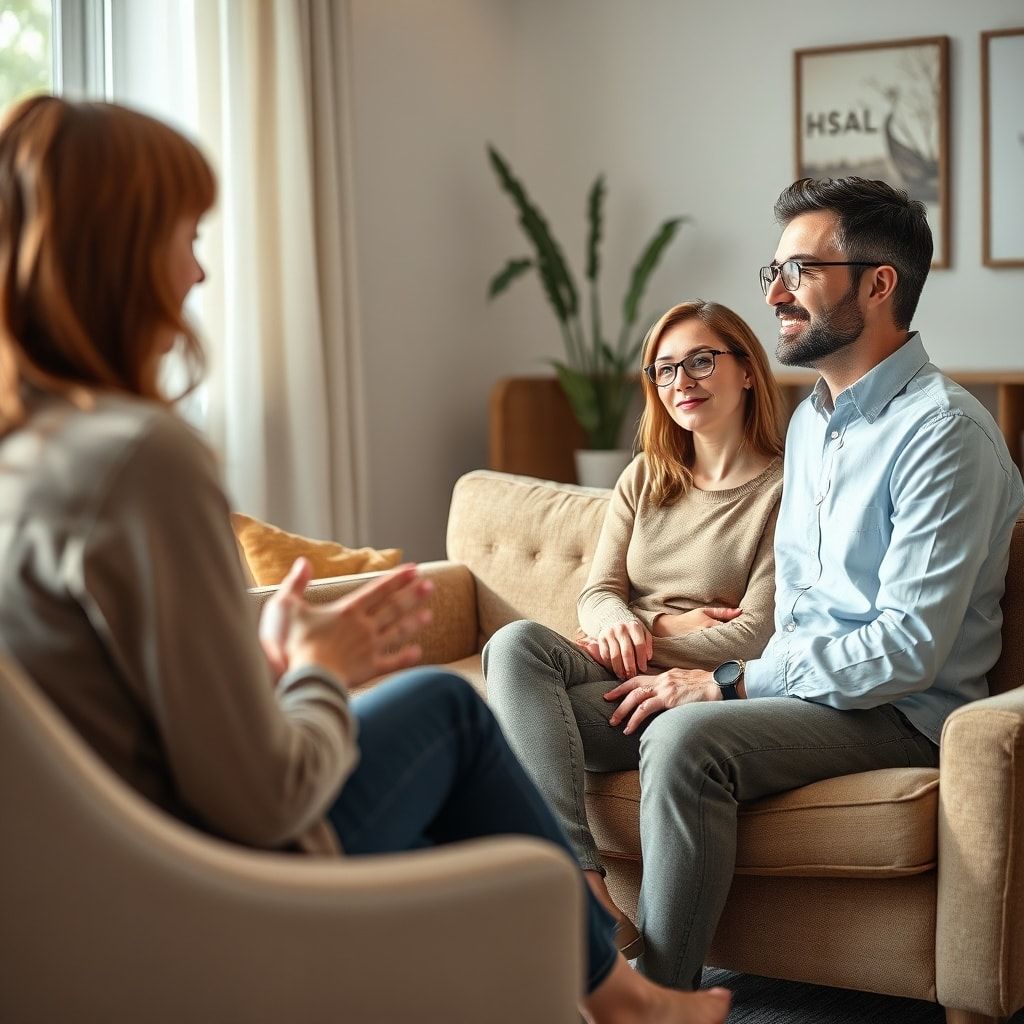 secretly - A couple sitting on a sofa talking to a therapist in a warm, inviting office setting, natural light, muted colors,