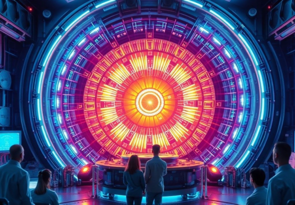 futuristic fusion reactor core glowing with intense plasma, surrounded by intricate superconducting magnets, engineers observing from a control room, sense of awe and scientific achievement, vibrant blue and purple hues, high-tech laboratory, cinematic atmosphere, ultra realistic, highly detailed, 8k quality, photorealistic, representing a breakthrough moment