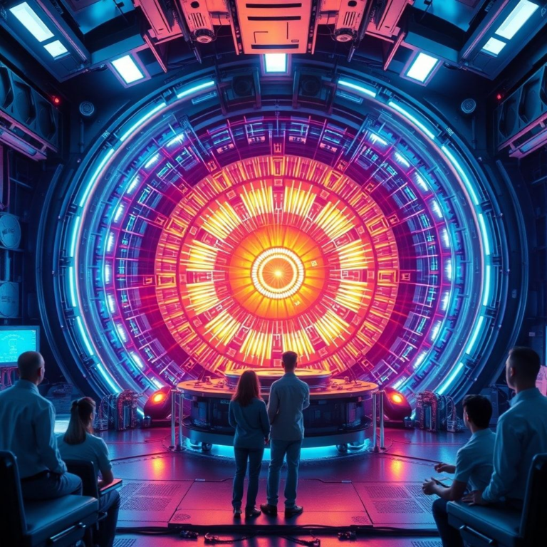 futuristic fusion reactor core glowing with intense plasma, surrounded by intricate superconducting magnets, engineers observing from a control room, sense of awe and scientific achievement, vibrant blue and purple hues, high-tech laboratory, cinematic atmosphere, ultra realistic, highly detailed, 8k quality, photorealistic, representing a breakthrough moment