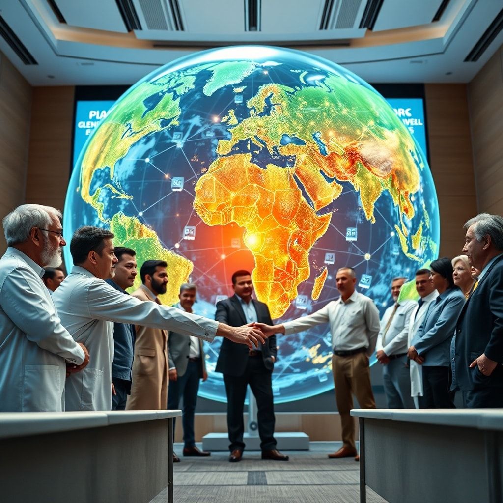 your - diverse group of scientists and world leaders shaking hands in front of a digital globe displaying energy grids, symbo