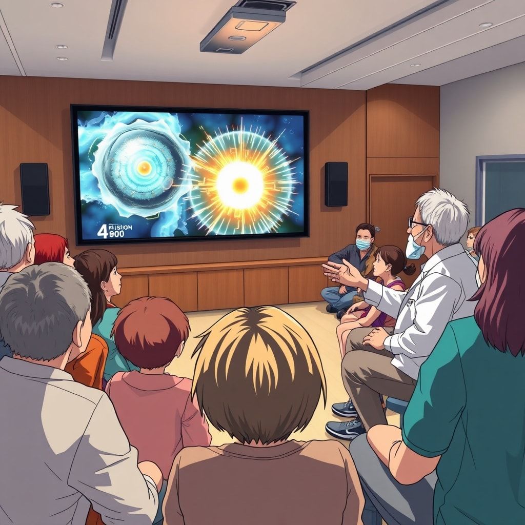 your - community meeting with people of diverse ages listening intently to a scientist explaining fusion energy on a large sc