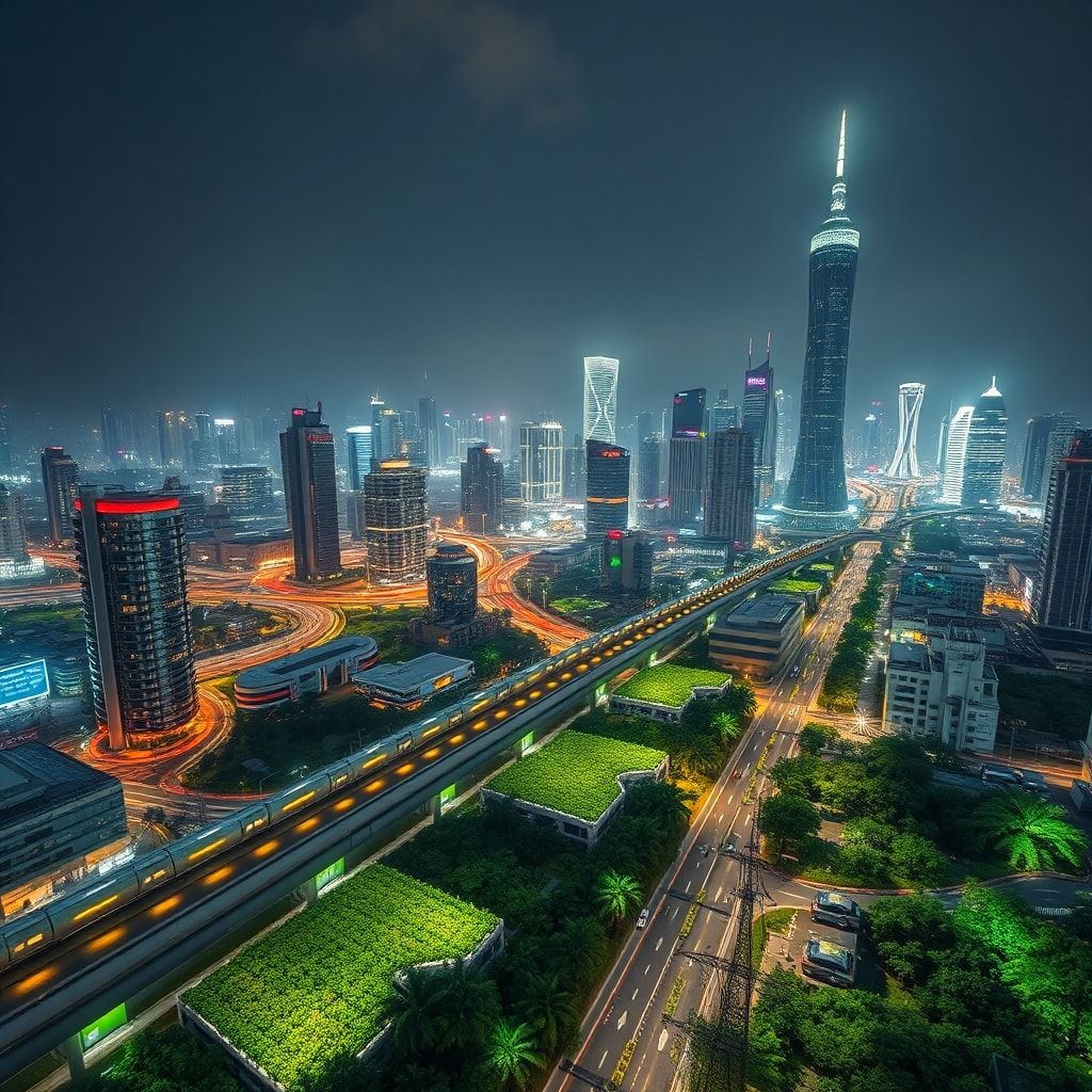 your - futuristic cityscape at night, illuminated by clean, glowing energy, no visible pollution, high-speed maglev trains, v