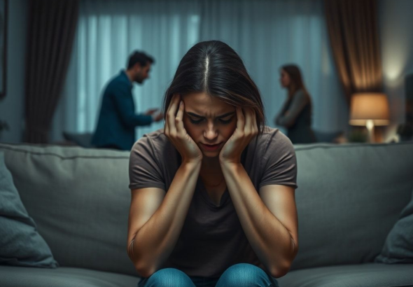 A distraught woman sitting alone on a sofa, head in hands, with blurred figures of a couple arguing in the background, dimly lit living room, cool tones, realistic, cinematic, high detail, emotional depth, capturing feelings of betrayal and confusion