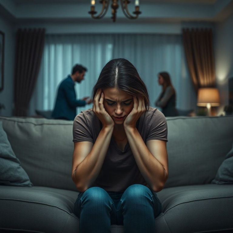A distraught woman sitting alone on a sofa, head in hands, with blurred figures of a couple arguing in the background, dimly lit living room, cool tones, realistic, cinematic, high detail, emotional depth, capturing feelings of betrayal and confusion