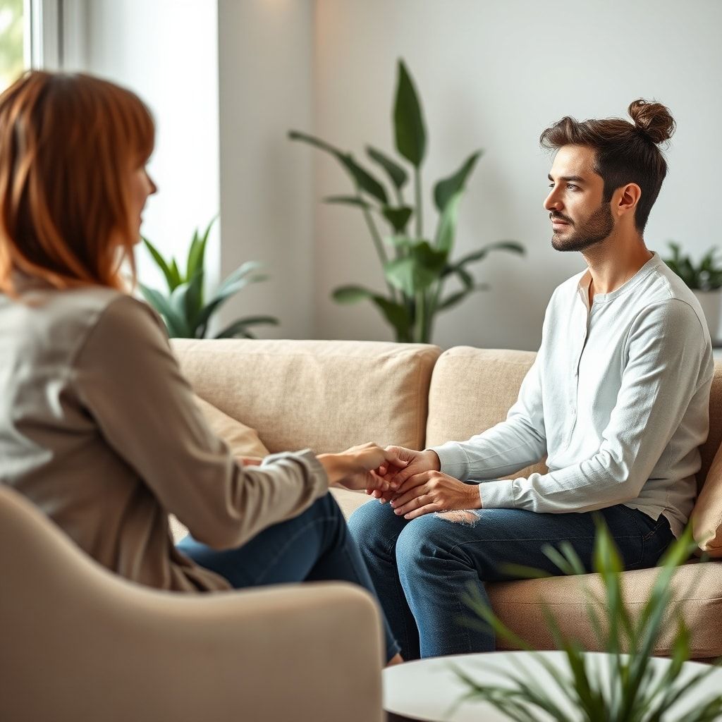 partner - A couple sitting on a therapist's couch, facing a warm and empathetic female therapist. The couple holds hands, loo