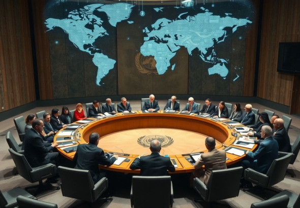A diverse group of diplomats and policymakers in a modern UN Security Council chamber, engaged in intense discussion around a large circular table, holographic projections of AI data floating above, serious and focused atmosphere, global map visible in the background, cinematic lighting, ultra realistic, highly detailed, 8k quality, photorealistic, global security implications