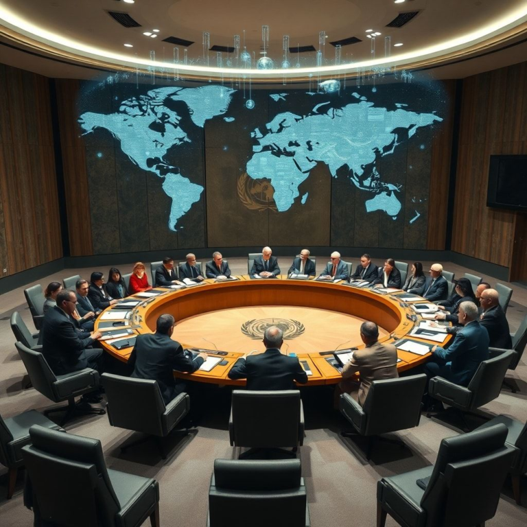 A diverse group of diplomats and policymakers in a modern UN Security Council chamber, engaged in intense discussion around a large circular table, holographic projections of AI data floating above, serious and focused atmosphere, global map visible in the background, cinematic lighting, ultra realistic, highly detailed, 8k quality, photorealistic, global security implications