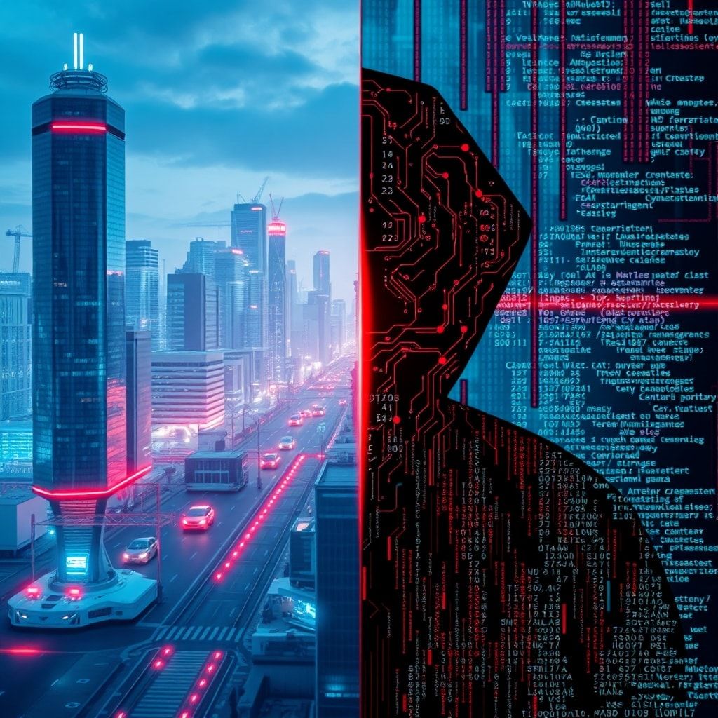 A split image showing the duality of AI: one side depicts a bright, futuristic city with AI-driven smart infrastructure and h