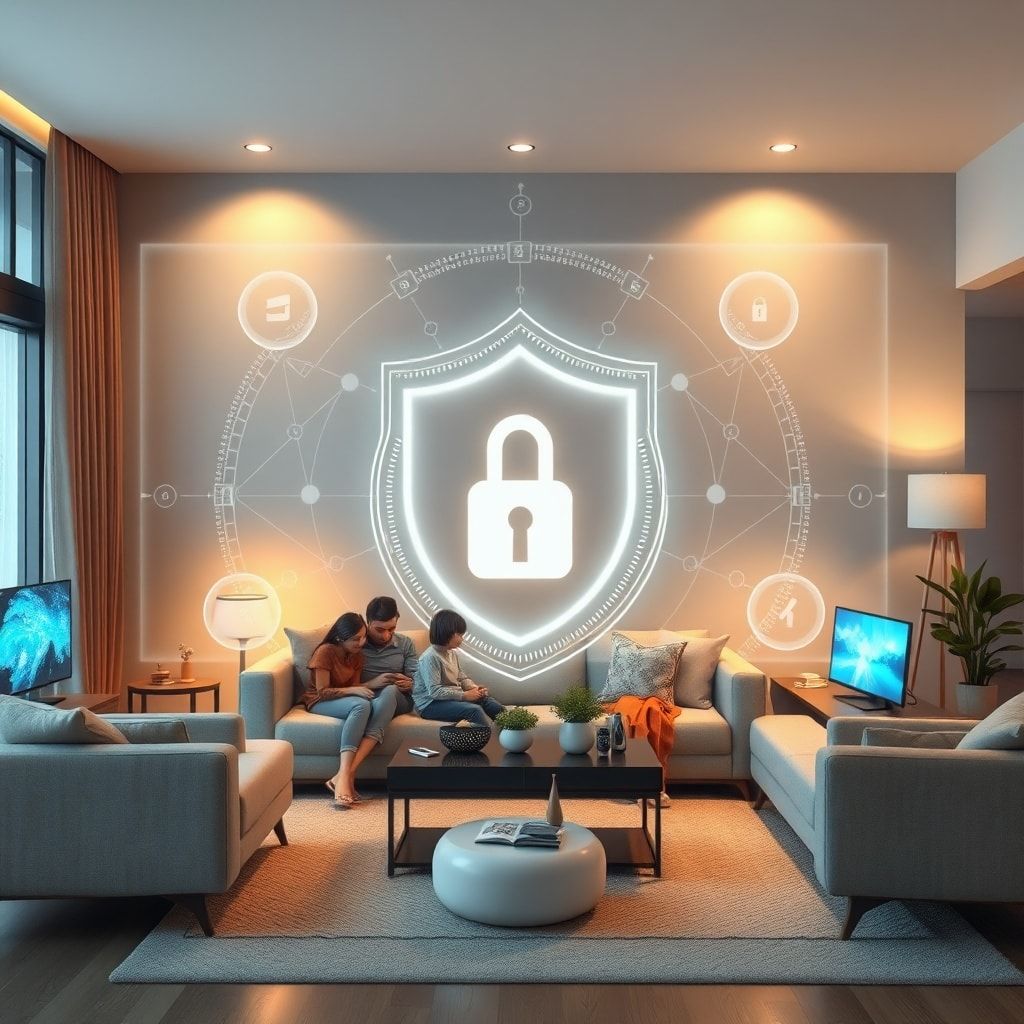 A modern smart home living room with a family interacting safely with AI devices, a transparent overlay showing a protective
