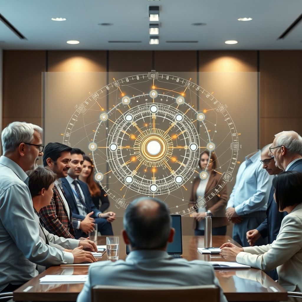 security - A diverse group of global leaders, scientists, and ethicists collaborating around a holographic projection of a co