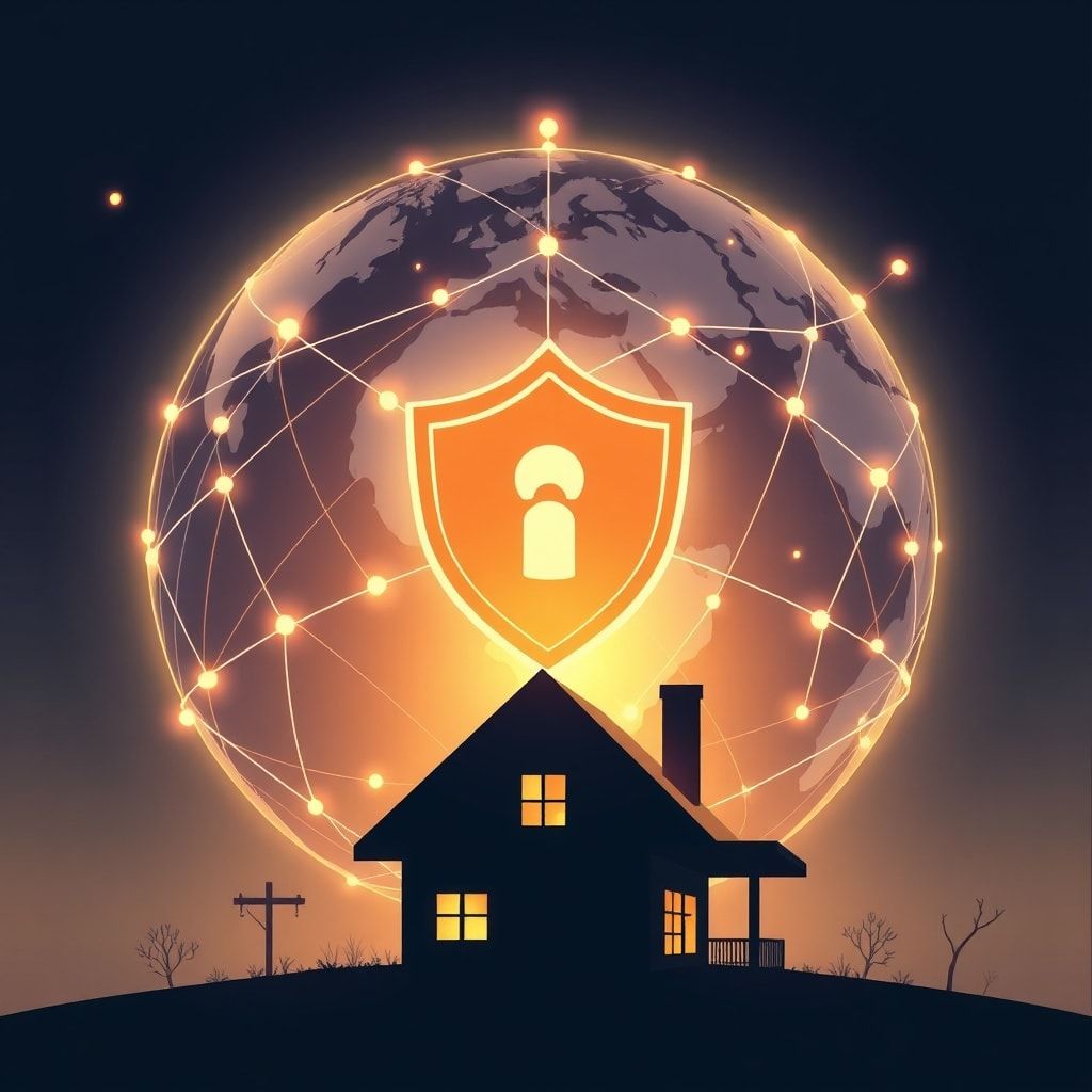 A stylized globe with interconnected lines representing AI networks, a protective shield shimmering around it, in the foregro