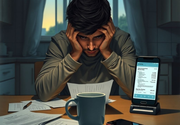 A person sitting alone at a kitchen table in a dimly lit room, head in hands, looking stressed and burdened, with financial documents scattered around, a half-empty coffee cup, and a smartphone displaying a medical bill. The atmosphere is heavy with worry and secrecy, late evening light filters through a window, cinematic, realistic, high detail, 8k quality