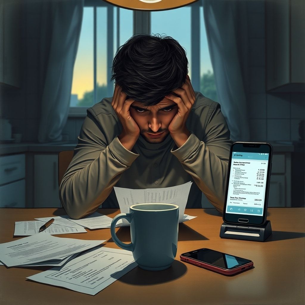 A person sitting alone at a kitchen table in a dimly lit room, head in hands, looking stressed and burdened, with financial documents scattered around, a half-empty coffee cup, and a smartphone displaying a medical bill. The atmosphere is heavy with worry and secrecy, late evening light filters through a window, cinematic, realistic, high detail, 8k quality