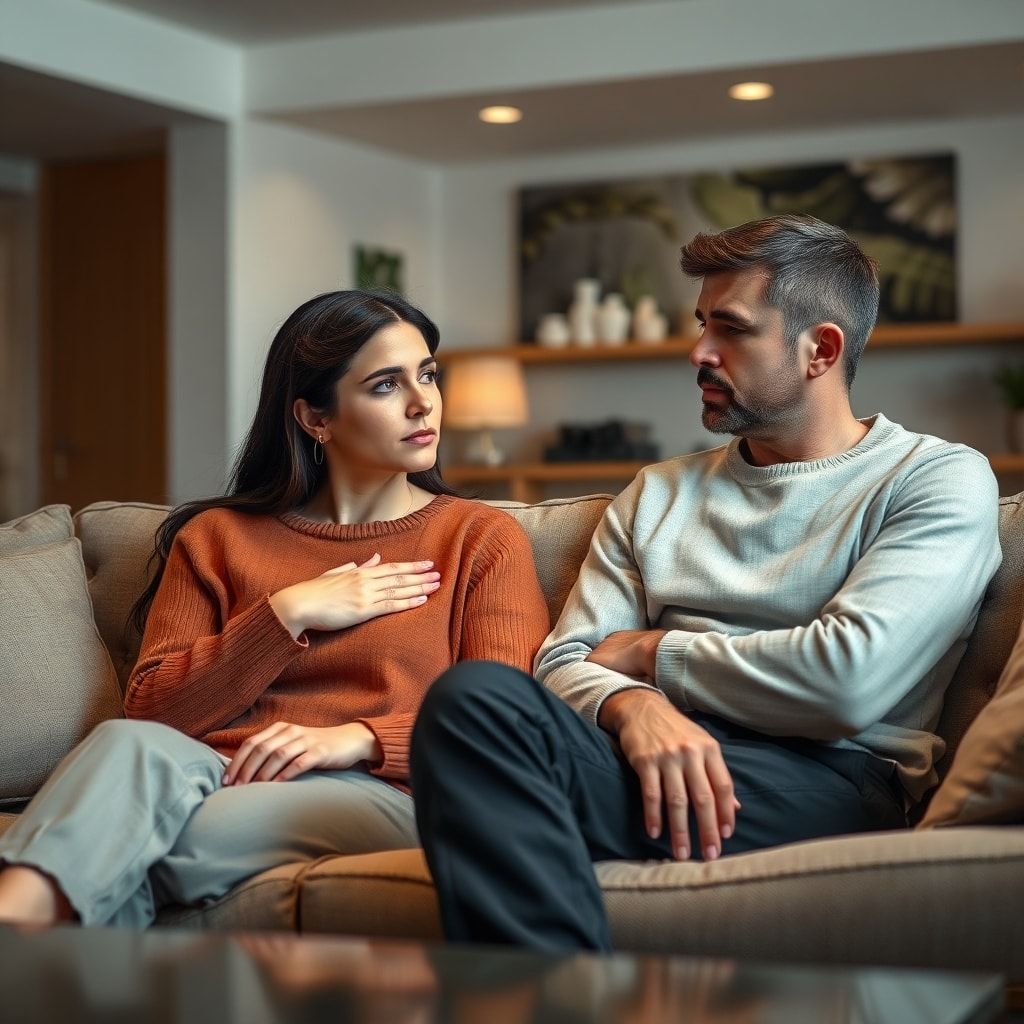confession - A couple sitting on a sofa in a modern, warm living room, looking serious and engaged in a difficult conversatio