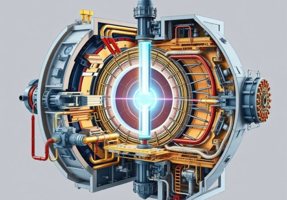 A detailed cutaway diagram of the ITER Tokamak reactor, showing its intricate internal components like the vacuum vessel, superconducting magnets, and plasma chamber, with a glowing blue plasma in the center, surrounded by complex piping and structural elements, technical illustration style, high detail, scientific accuracy, educational, bright lighting, 8k quality