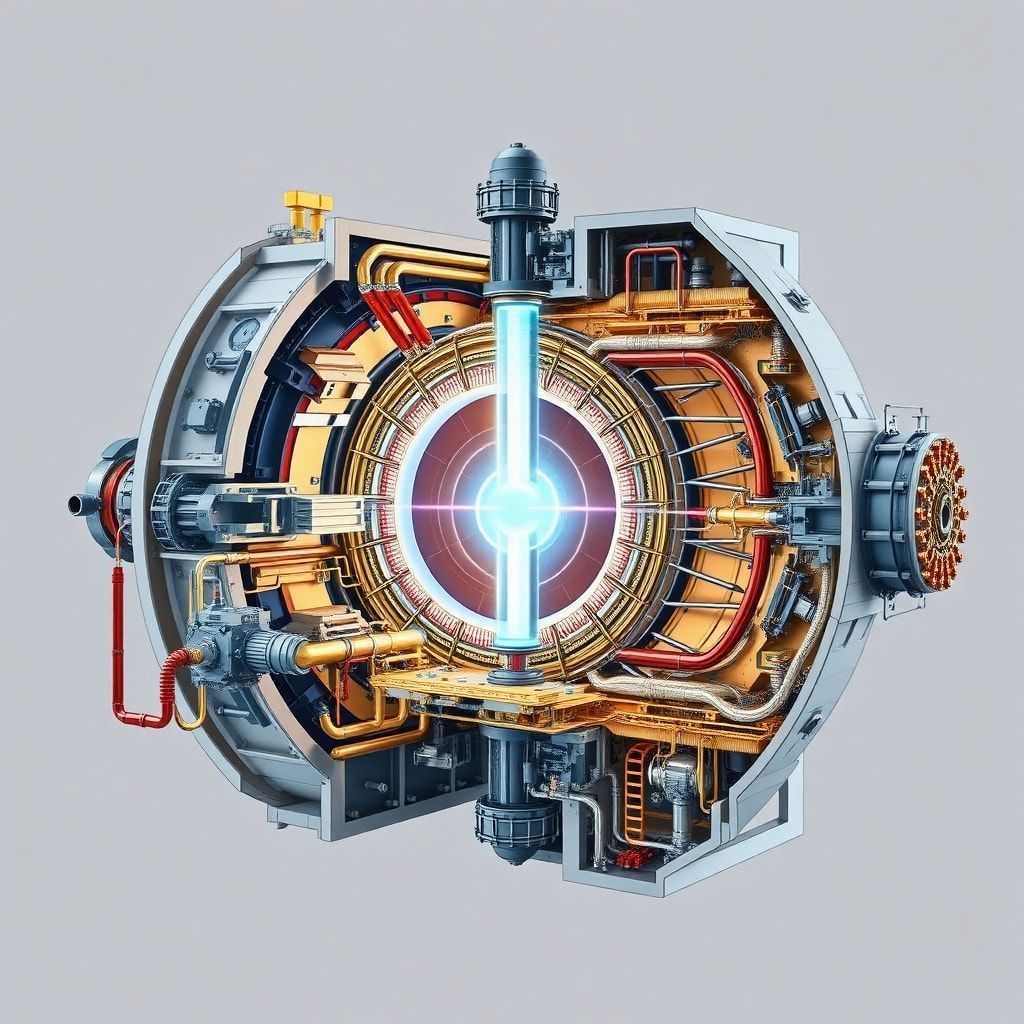 A detailed cutaway diagram of the ITER Tokamak reactor, showing its intricate internal components like the vacuum vessel, superconducting magnets, and plasma chamber, with a glowing blue plasma in the center, surrounded by complex piping and structural elements, technical illustration style, high detail, scientific accuracy, educational, bright lighting, 8k quality