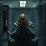 A man sits alone in a dimly lit, modern office cubicle, head in hands, shadows emphasizing his tormented expression. A blurred figure of a woman with a slight limp walks past in the background. The atmosphere is heavy with guilt and internal conflict, cinematic lighting, realistic, 8k quality, focused on the man's emotional state, showing the burden of his confession.