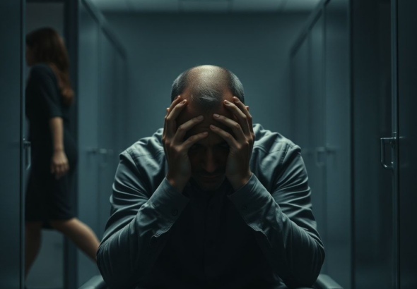 A man sits alone in a dimly lit, modern office cubicle, head in hands, shadows emphasizing his tormented expression. A blurred figure of a woman with a slight limp walks past in the background. The atmosphere is heavy with guilt and internal conflict, cinematic lighting, realistic, 8k quality, focused on the man's emotional state, showing the burden of his confession.