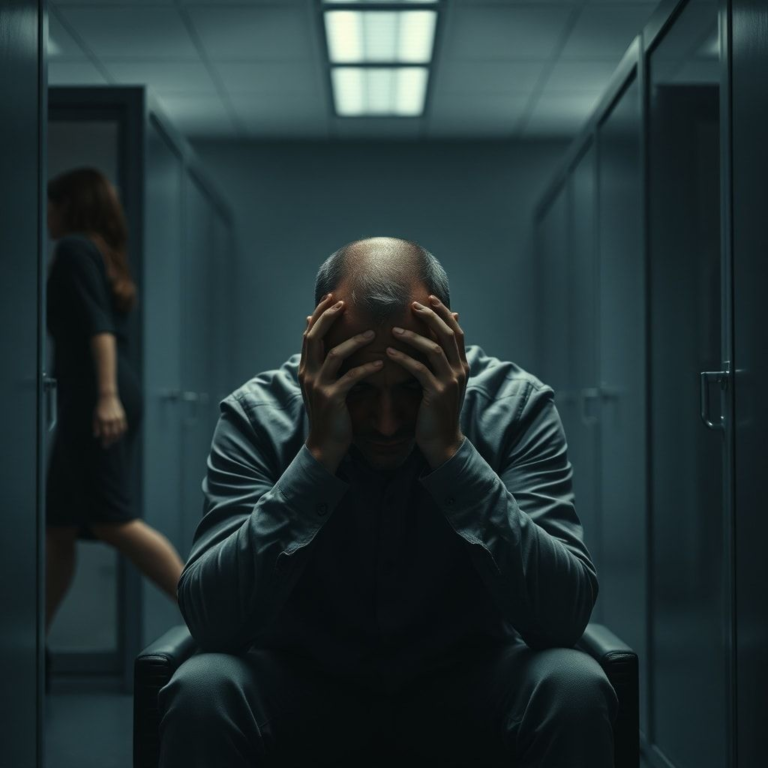 A man sits alone in a dimly lit, modern office cubicle, head in hands, shadows emphasizing his tormented expression. A blurred figure of a woman with a slight limp walks past in the background. The atmosphere is heavy with guilt and internal conflict, cinematic lighting, realistic, 8k quality, focused on the man's emotional state, showing the burden of his confession.