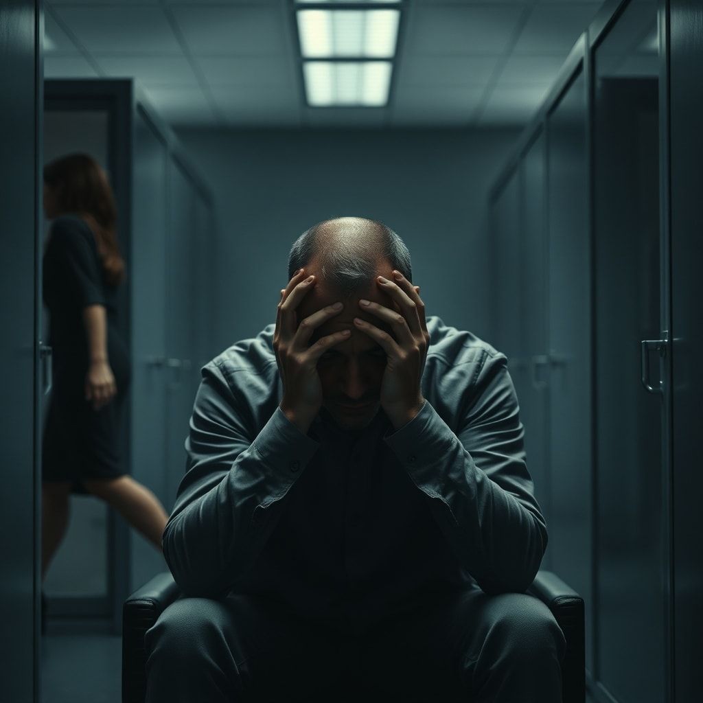 A man sits alone in a dimly lit, modern office cubicle, head in hands, shadows emphasizing his tormented expression. A blurred figure of a woman with a slight limp walks past in the background. The atmosphere is heavy with guilt and internal conflict, cinematic lighting, realistic, 8k quality, focused on the man's emotional state, showing the burden of his confession.