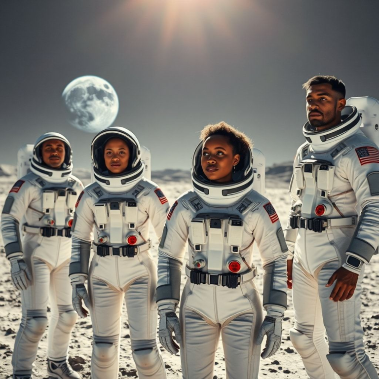 Four diverse astronauts in advanced white spacesuits, two women and two men of different ethnic backgrounds, standing confidently on a barren lunar landscape under a bright Earth in the distance. One woman and one person of color are prominently featured in the foreground, looking towards the horizon with determination. The scene is illuminated by harsh lunar sunlight, creating dramatic shadows, ultra realistic, highly detailed, cinematic, 8k quality, photorealistic