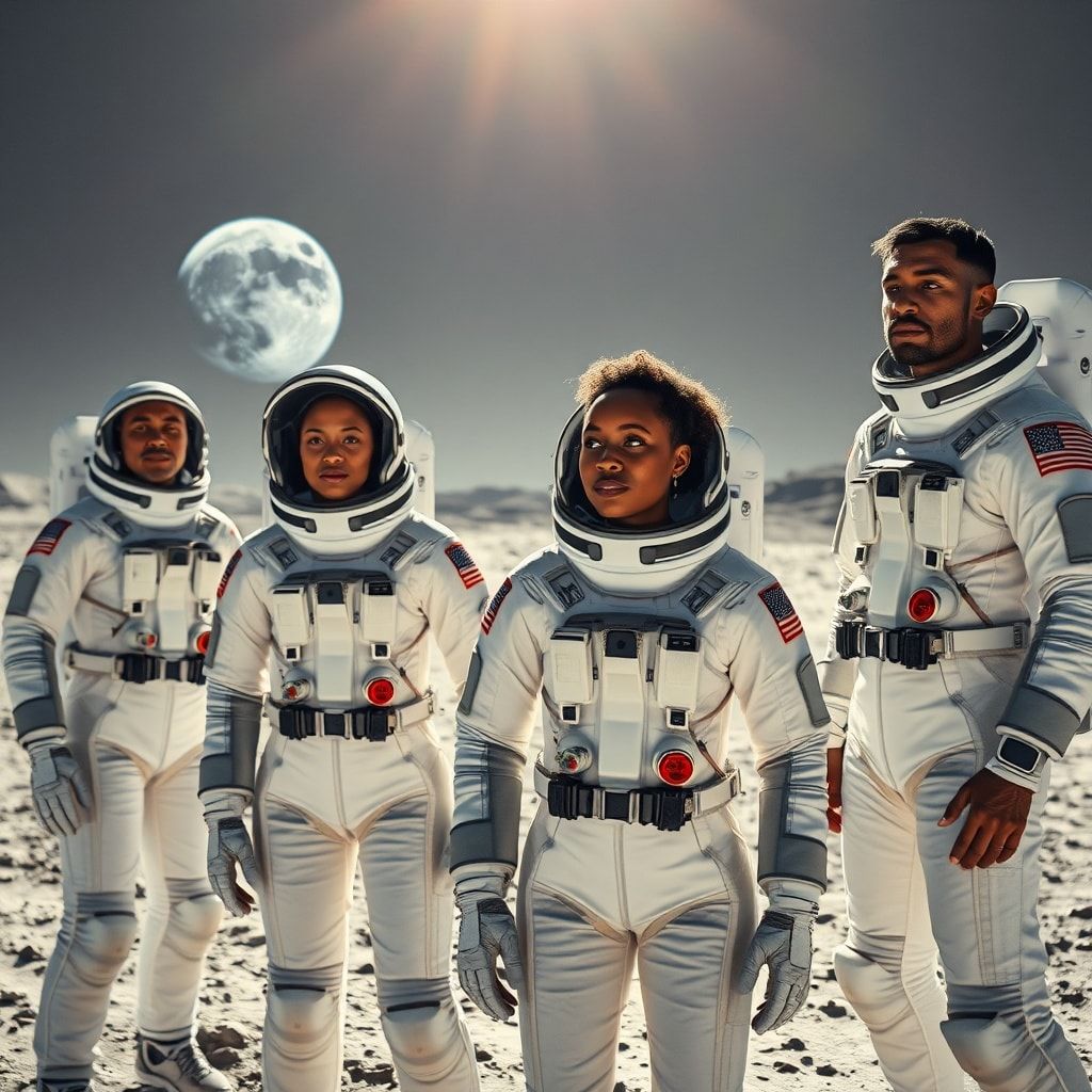 Four diverse astronauts in advanced white spacesuits, two women and two men of different ethnic backgrounds, standing confidently on a barren lunar landscape under a bright Earth in the distance. One woman and one person of color are prominently featured in the foreground, looking towards the horizon with determination. The scene is illuminated by harsh lunar sunlight, creating dramatic shadows, ultra realistic, highly detailed, cinematic, 8k quality, photorealistic