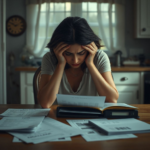 A woman sitting alone at a kitchen table, head in hands, looking distressed and confused. Financial documents and a wedding planning binder are scattered on the table, dimly lit by natural light, reflecting feelings of betrayal and uncertainty, realistic, highly detailed, cinematic atmosphere, 8k quality