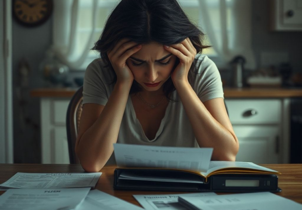 A woman sitting alone at a kitchen table, head in hands, looking distressed and confused. Financial documents and a wedding planning binder are scattered on the table, dimly lit by natural light, reflecting feelings of betrayal and uncertainty, realistic, highly detailed, cinematic atmosphere, 8k quality
