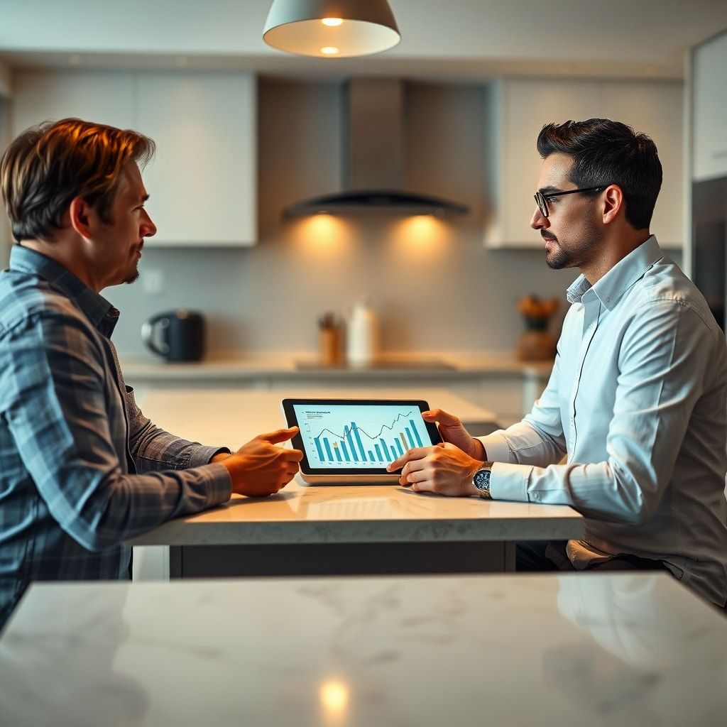 shocking - A serious couple sitting across from each other at a modern kitchen island, looking intently at a tablet displayin