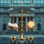 conceptual image showing a digital scale balancing legal texts and AI algorithms, with a glowing brain icon representing AI, set in a modern European government building, blue and gold color scheme, serious and regulatory mood, highly detailed, 8k quality, photorealistic