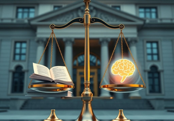 conceptual image showing a digital scale balancing legal texts and AI algorithms, with a glowing brain icon representing AI, set in a modern European government building, blue and gold color scheme, serious and regulatory mood, highly detailed, 8k quality, photorealistic