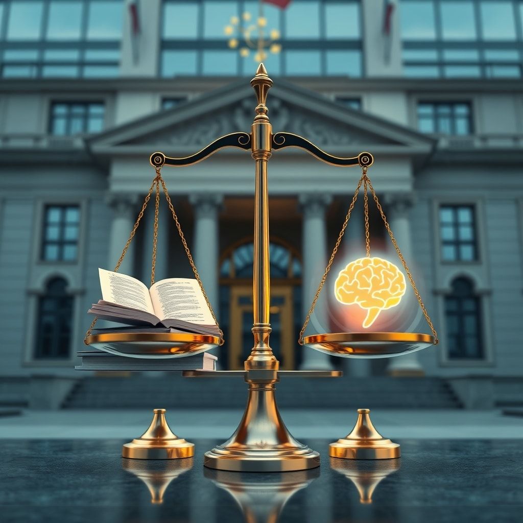 conceptual image showing a digital scale balancing legal texts and AI algorithms, with a glowing brain icon representing AI, set in a modern European government building, blue and gold color scheme, serious and regulatory mood, highly detailed, 8k quality, photorealistic