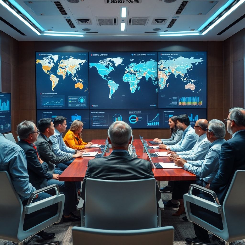 finalizes - diverse group of tech executives and policymakers from different countries in a global conference room, animatedl