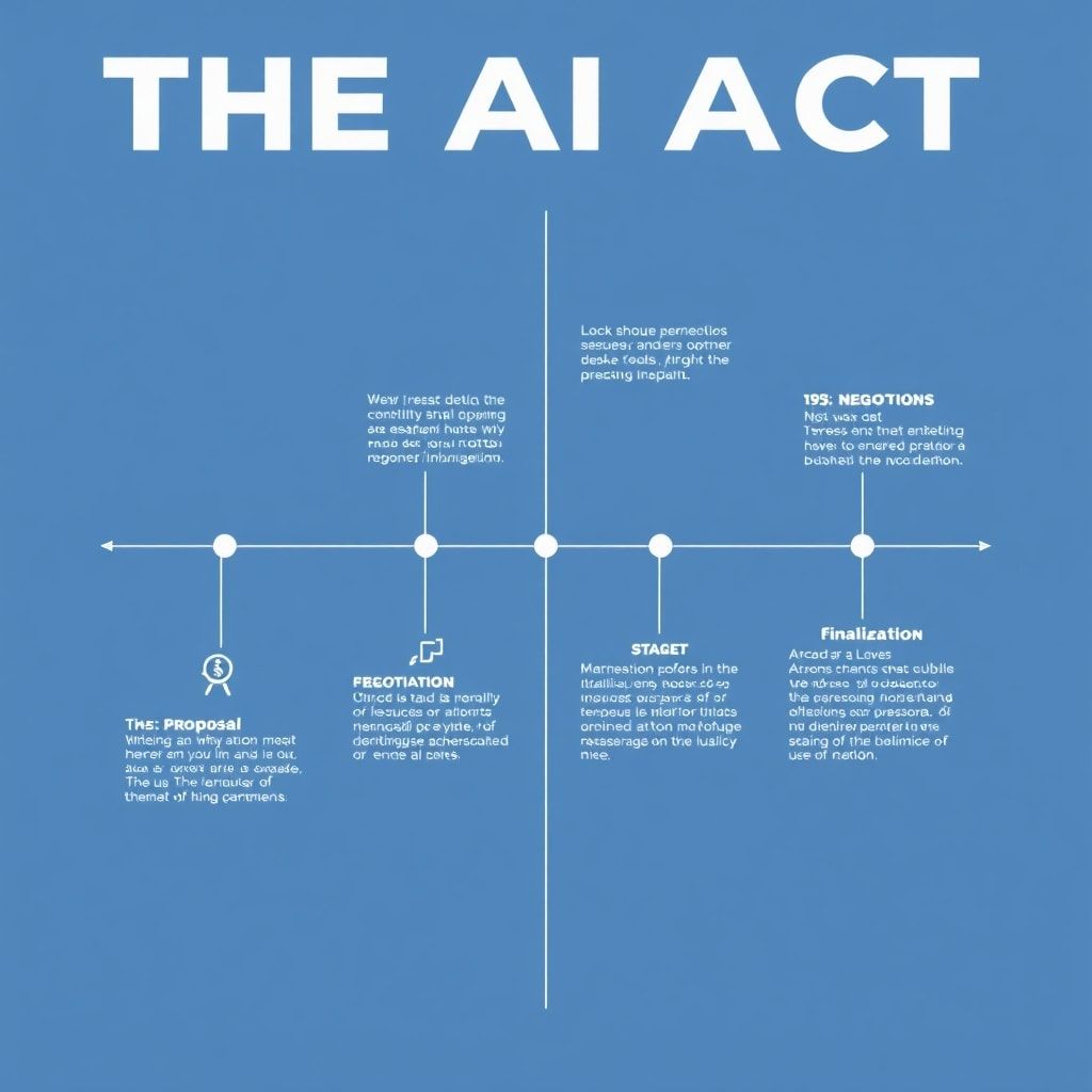 finalizes - stylized timeline infographic showing the legislative process of the EU AI Act, with milestones like 'proposal,'