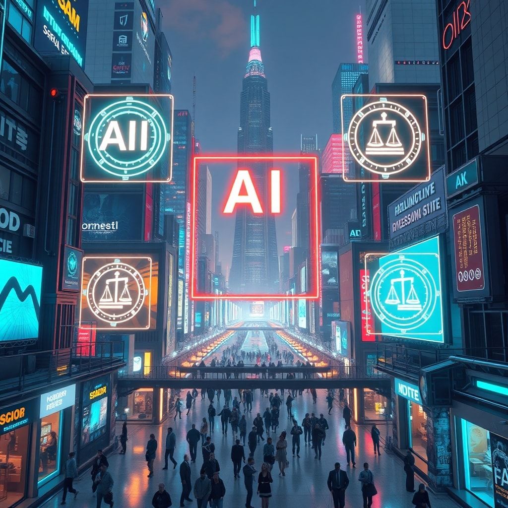 finalizes - futuristic cityscape with holographic displays showing AI concepts and legal symbols, people walking below, repre