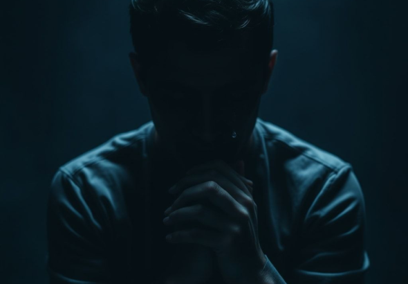 A person's face obscured by shadows, reflecting immense guilt and regret, sitting alone in a dimly lit room, hands clasped, a single tear running down their cheek, cinematic lighting, deep blues and grays, focus on emotional intensity, a moment of profound confession, realistic, high detail