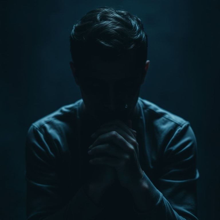 A person's face obscured by shadows, reflecting immense guilt and regret, sitting alone in a dimly lit room, hands clasped, a single tear running down their cheek, cinematic lighting, deep blues and grays, focus on emotional intensity, a moment of profound confession, realistic, high detail