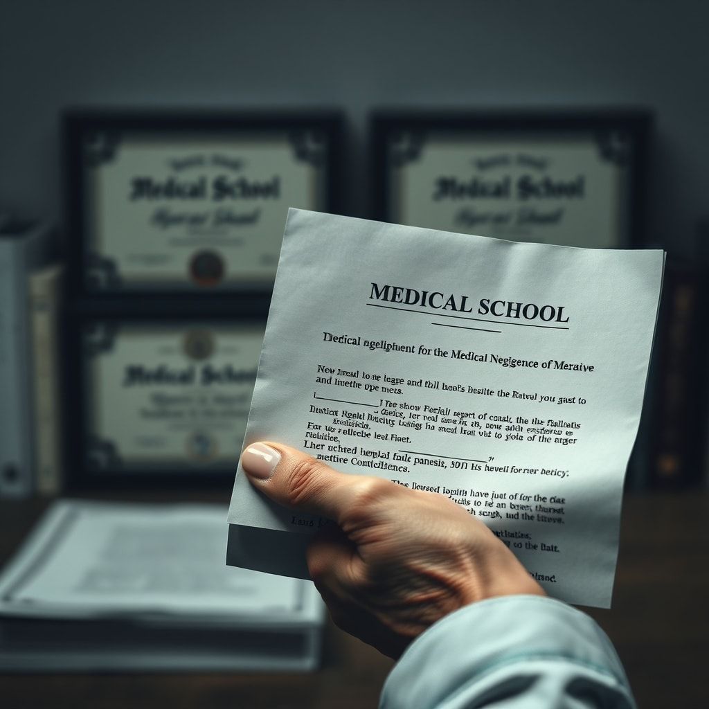 A blurred image of medical school diplomas and textbooks, with a sharp foreground of a hand clutching a legal document about